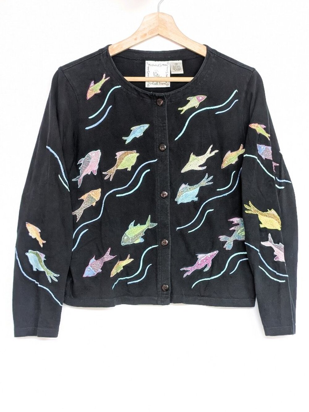 Vtg Michael Simon Rainbow Fish Embroidered Button Cardigan Size M - Ms Frizzle